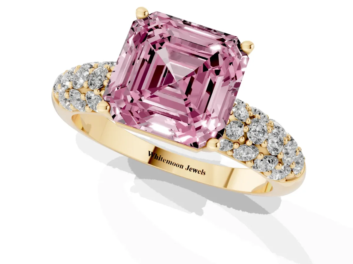 Fancy Pink Asscher Cut Diamond Pavé Band Solitaire Ring with Four-Prong Setting Yellow gold