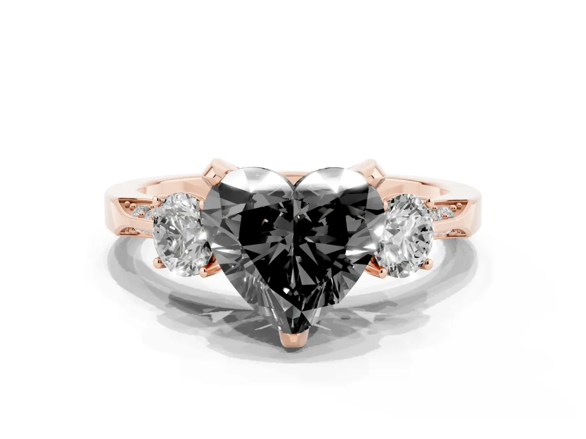 Fancy Black Heart Cut Brilliant Three-Stone Diamond Ring with Pavé Band and Four-Prong Setting Rose gold
