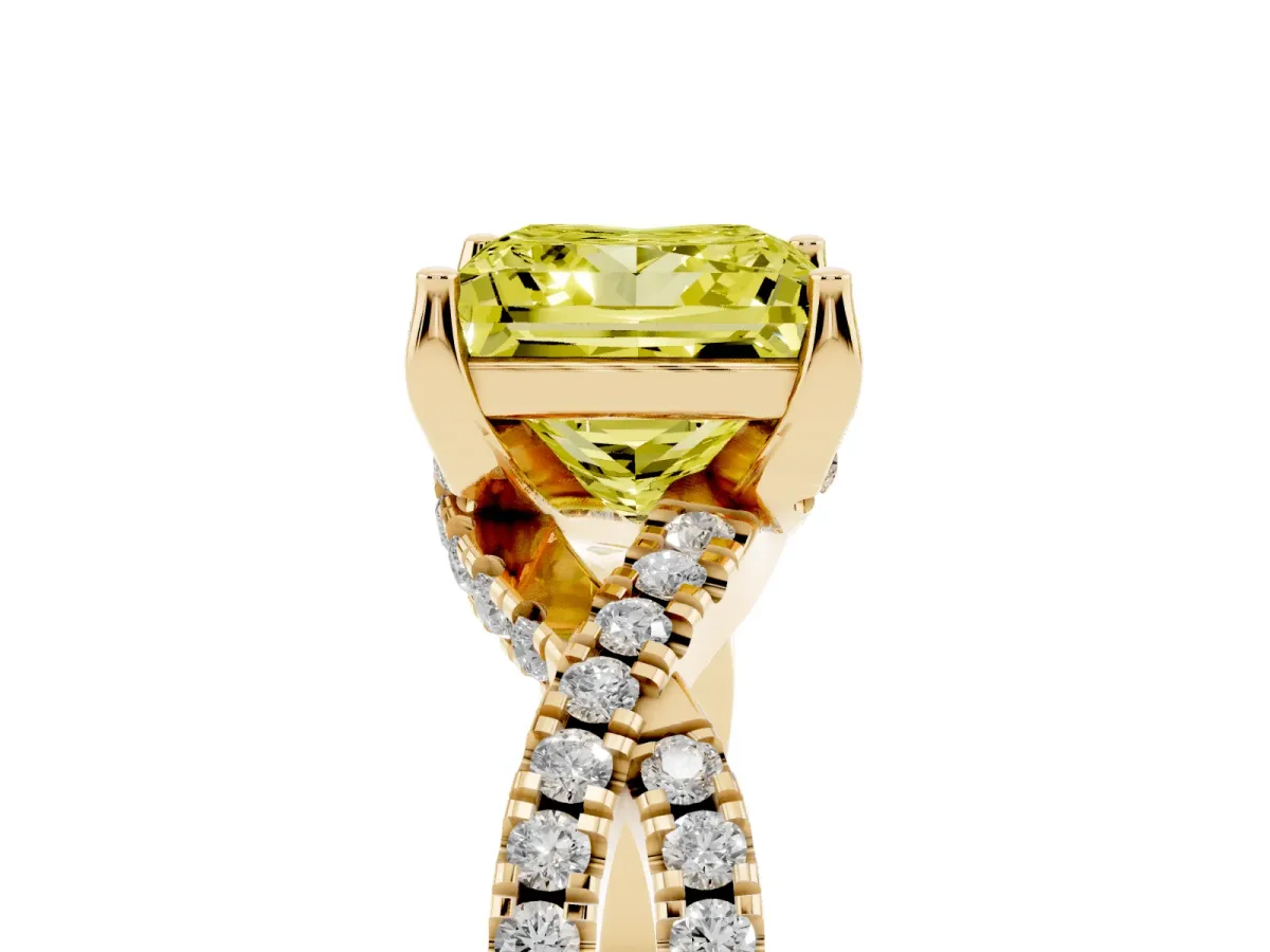 Fancy Yellow Princess Cut Solitaire Twist Pave Diamond Engagement Ring with Prong Setting Yellow gold