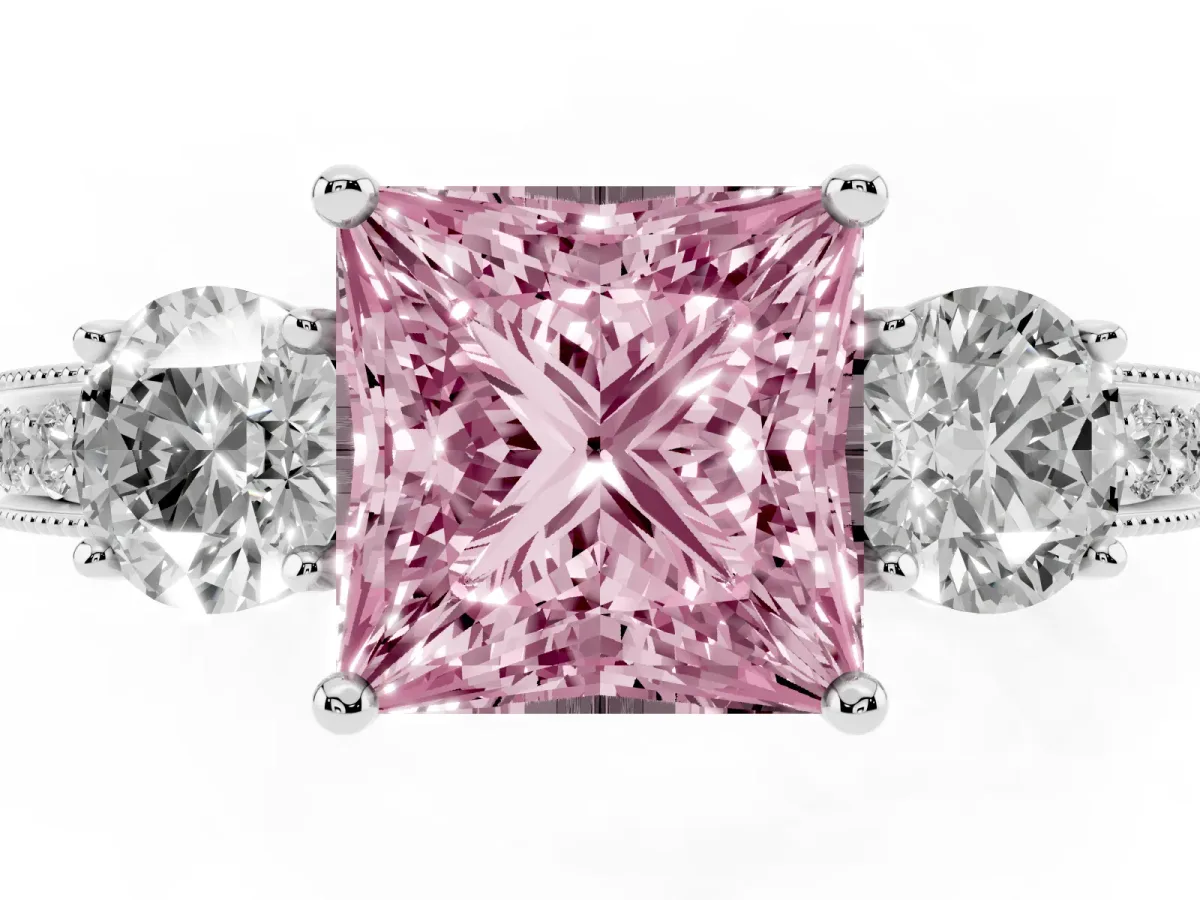 Fancy Pink Princess Cut Three-Stone Diamond Ring with Pavé Band and Four-Prong Setting Silver