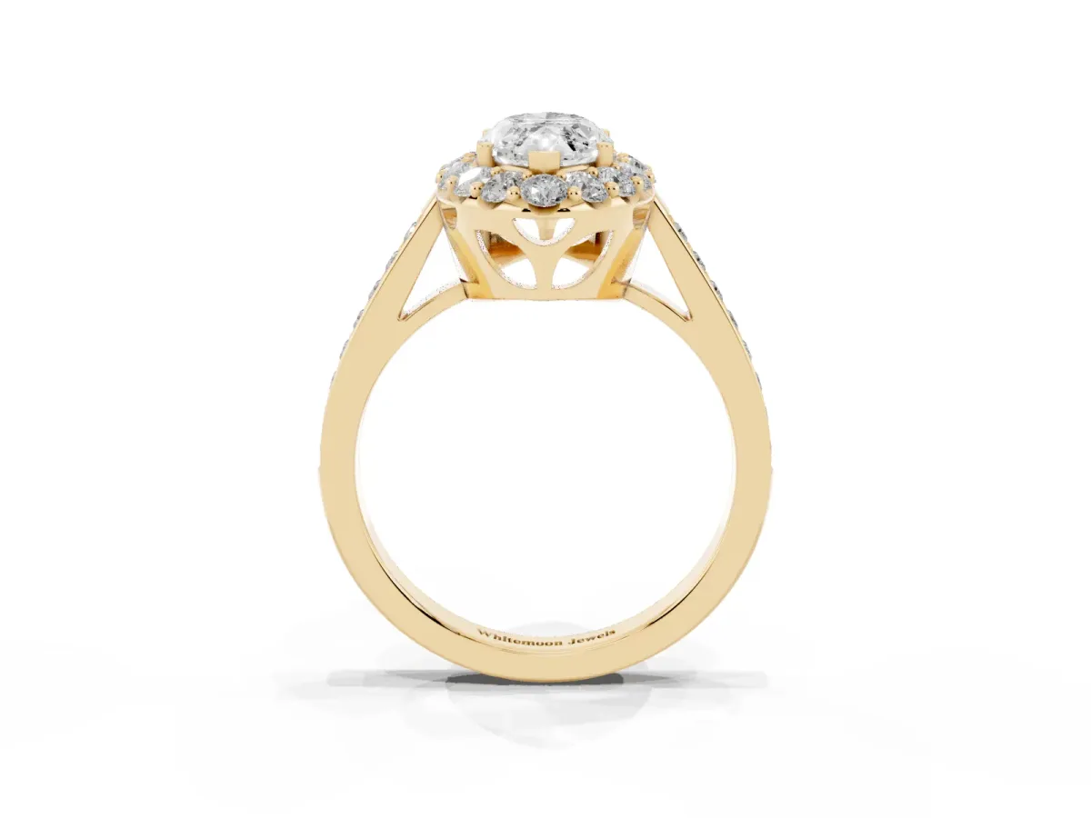 Marquise Cut Diamond Floral Halo Ring with Pavé Band and Prong Setting Yellow gold