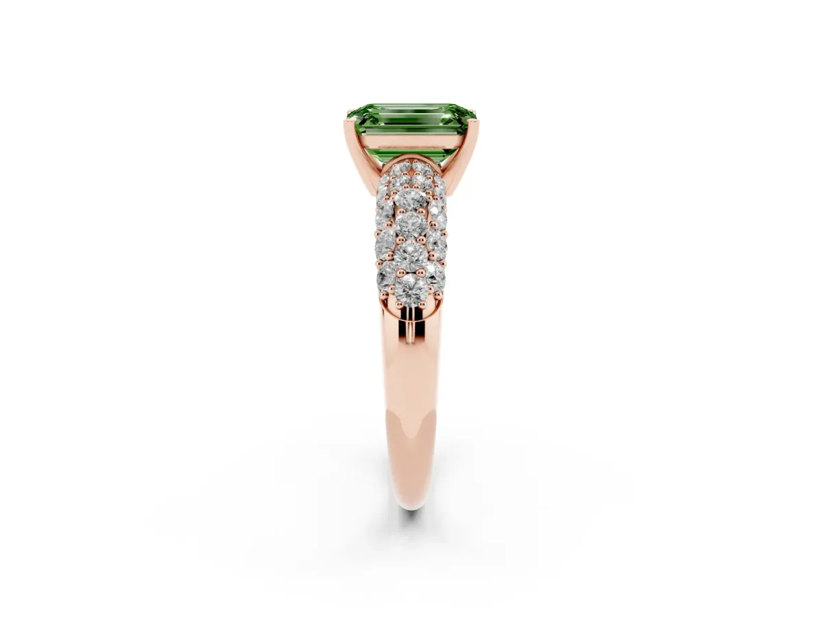 Fancy Green Emerald Cut Diamond Pavé Band Solitaire Ring with Four-Prong Setting Rose gold