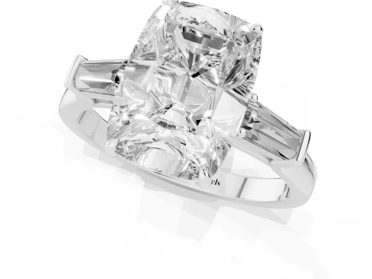 Old Mine Elongated Cushion Diamond with Side Tapered Baguette Three Stone Ring Silver