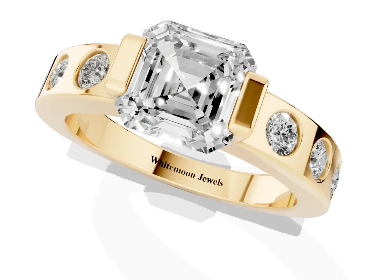 Asscher Cut Brilliant Channel-Set Diamond Ring with Bezel Prong Setting Yellow gold