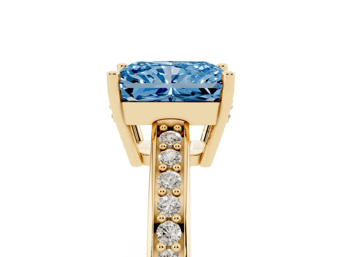 Fancy Blue Radiant Cut Solitaire Pavé Band Prong Setting Ring Yellow gold
