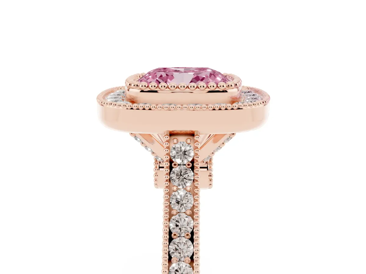 Fancy Pink Cushion Cut Diamond Halo Ring with Milgrain Frame and Pavé Band Rose gold