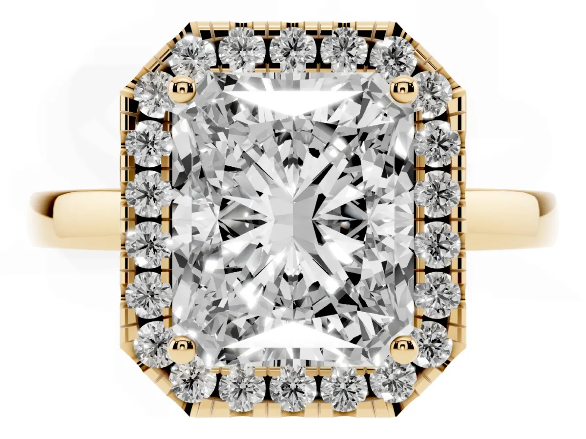 Radiant Cut Halo Diamond Solitaire with Pavé Band and Four-Prong Setting Yellow gold