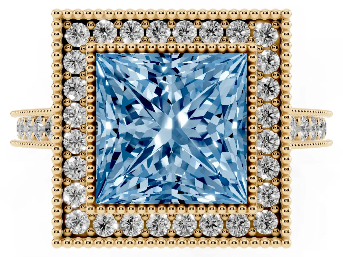 Fancy Blue Halo Princess Cut-Cut Diamond Pave Band Milgrain Prong Setting Ring Yellow gold