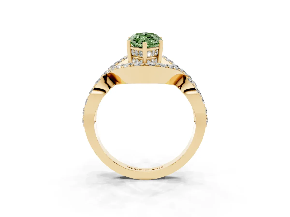 Fancy Green Marquise Cut Solitaire Twist Band Pavé Diamond Engagement Ring Yellow gold