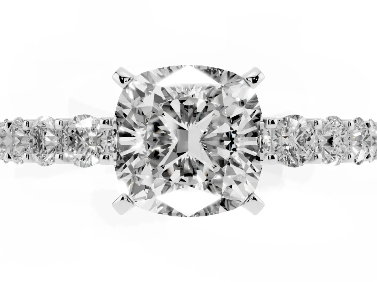 Cushion Cut Diamond Solitaire Ring with Shared Prong Pavé Band and Four-Prong Setting Silver