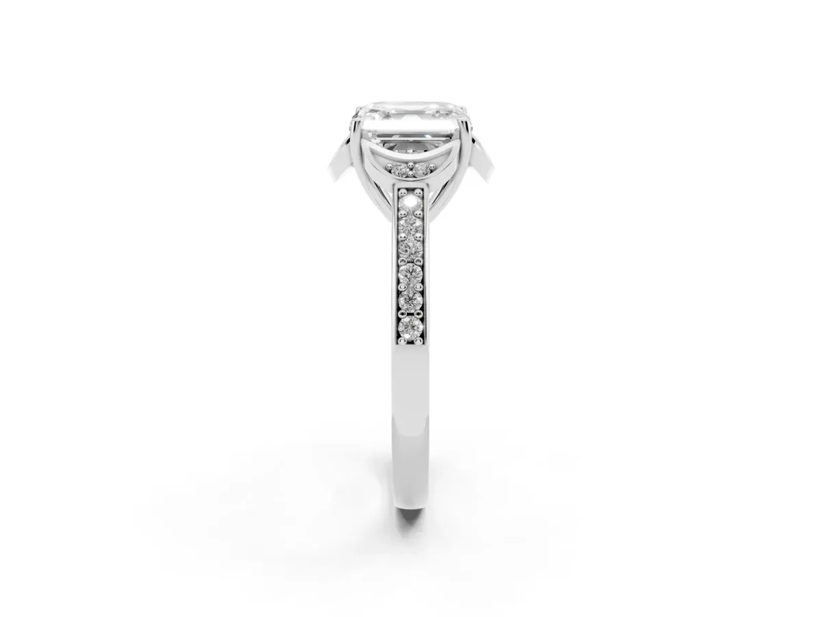 Asscher Cut Cut Halo Diamond Ring with Channel Set Band and Four-Prong Setting White gold