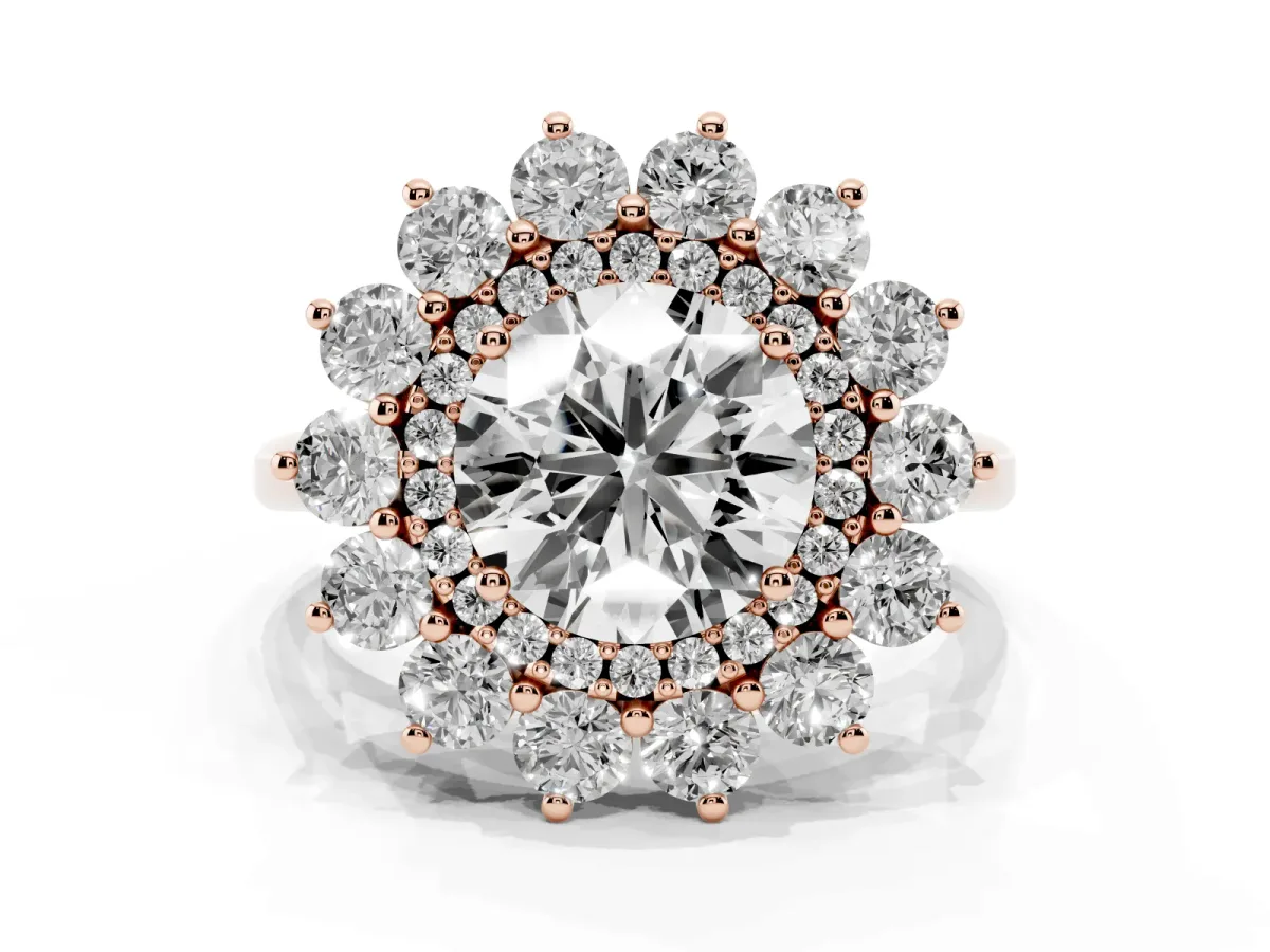 Round Cut Diamond Floral Double Halo Engagement Ring with Prong Setting Rose gold