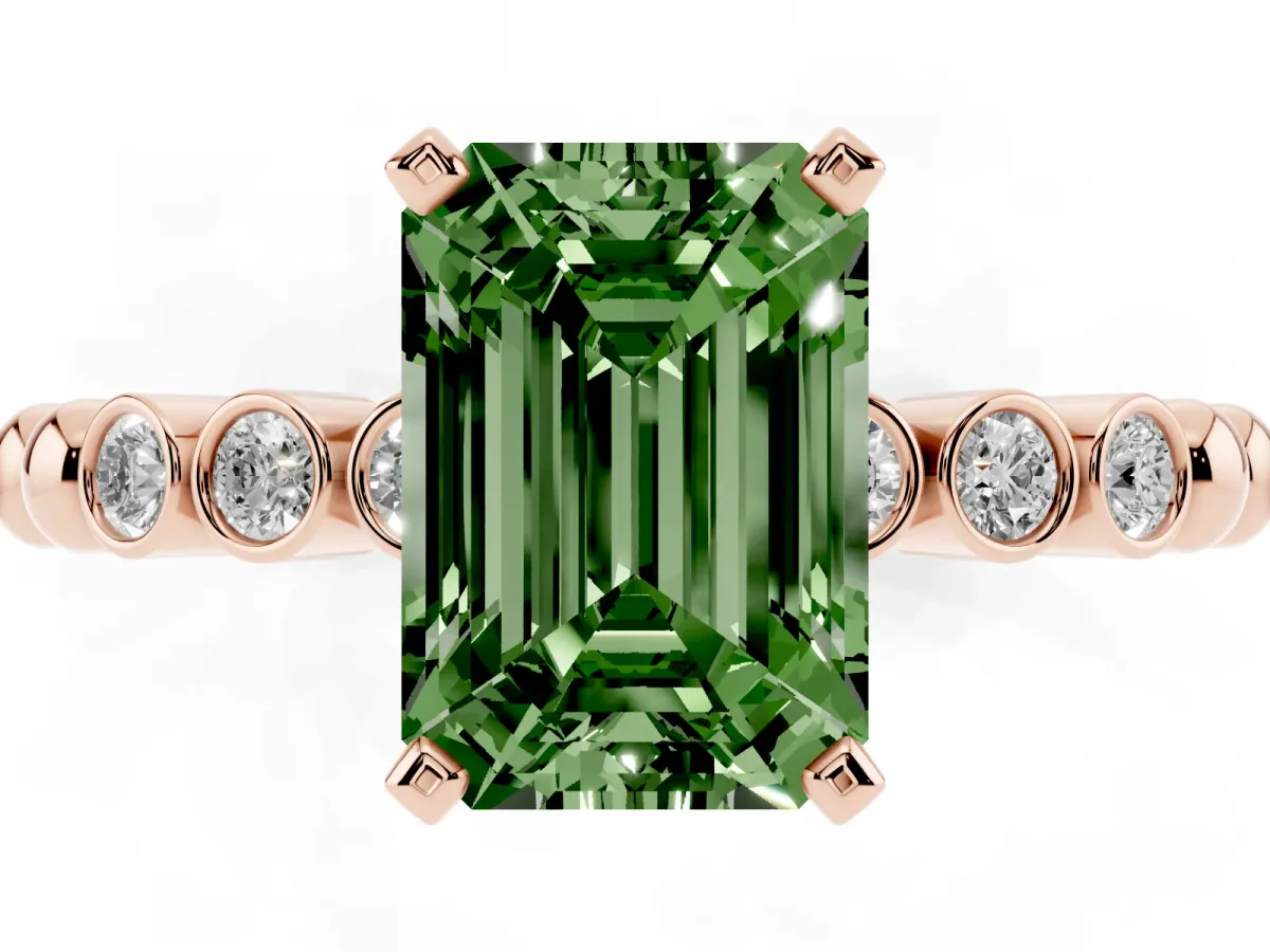Fancy Green Emerald Cut Solitaire Bezel Accent Diamond Engagement Ring with Beaded Band and Four-Prong Setting Rose gold