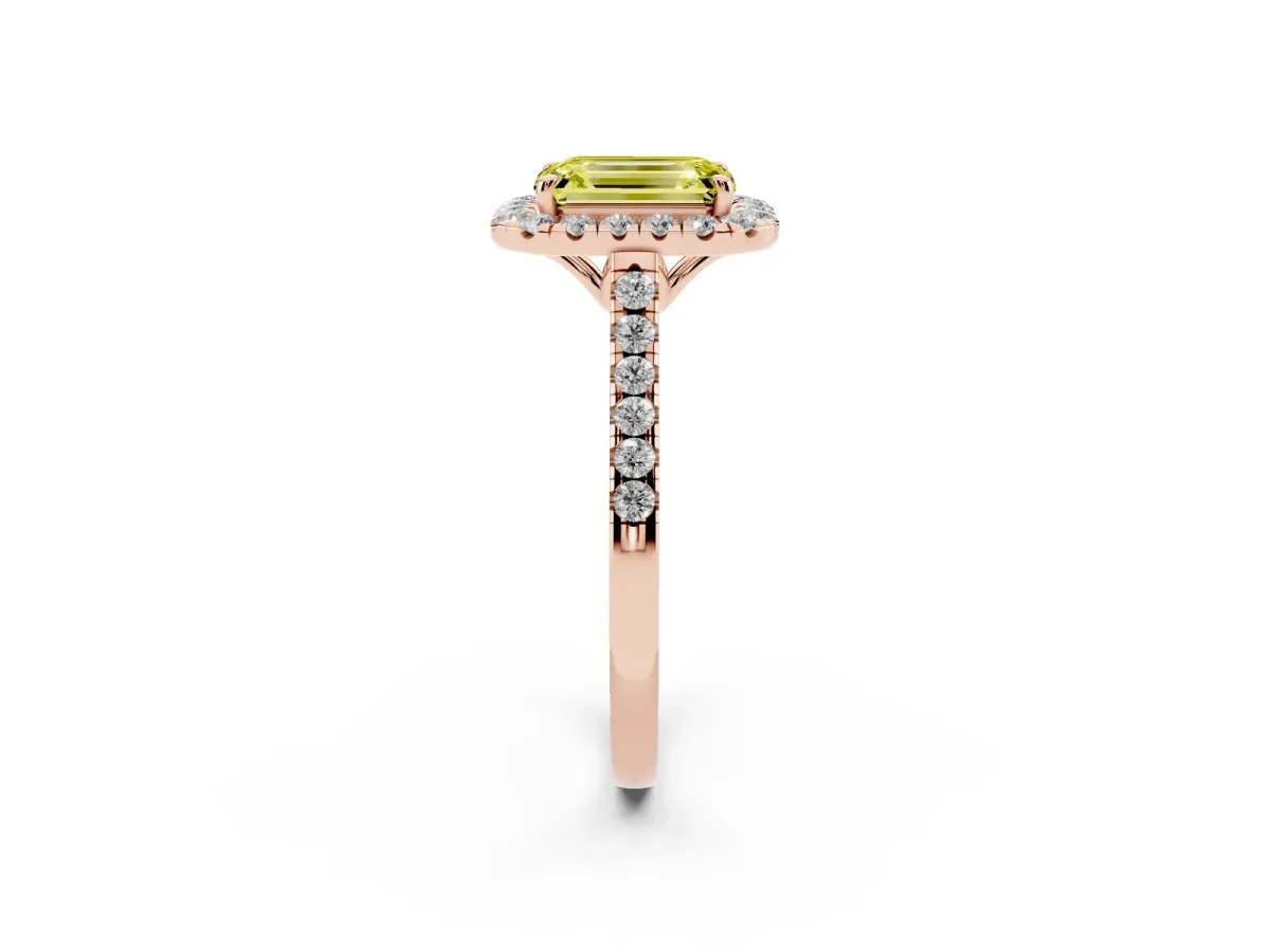 Fancy Yellow Emerald Cut Halo Pavé Diamond Engagement Ring with Four-Prong Setting Rose gold