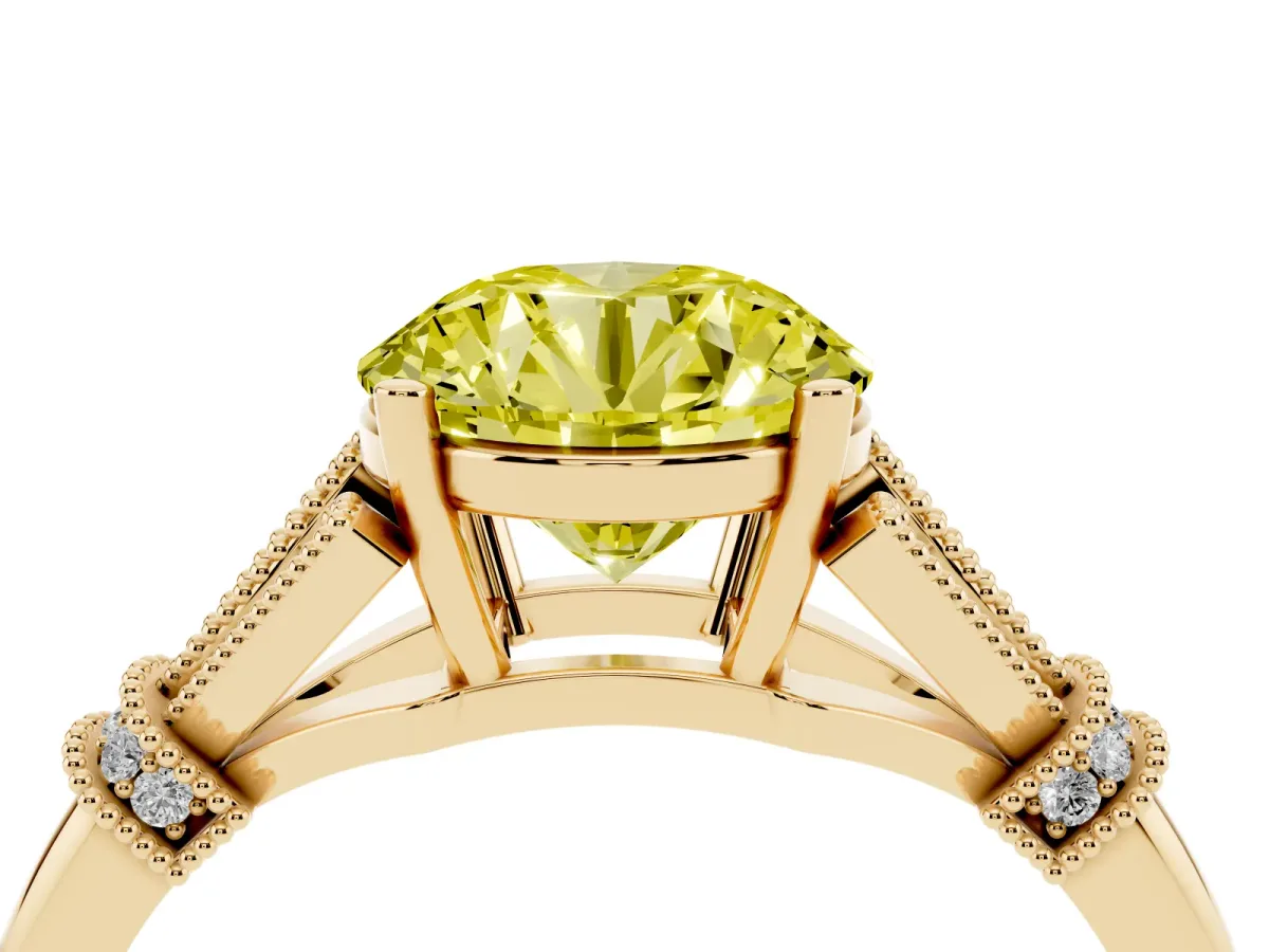 Fancy Yellow Round Cut Diamond Solitaire Ring with Floral Filigree and Pave Accents Yellow gold