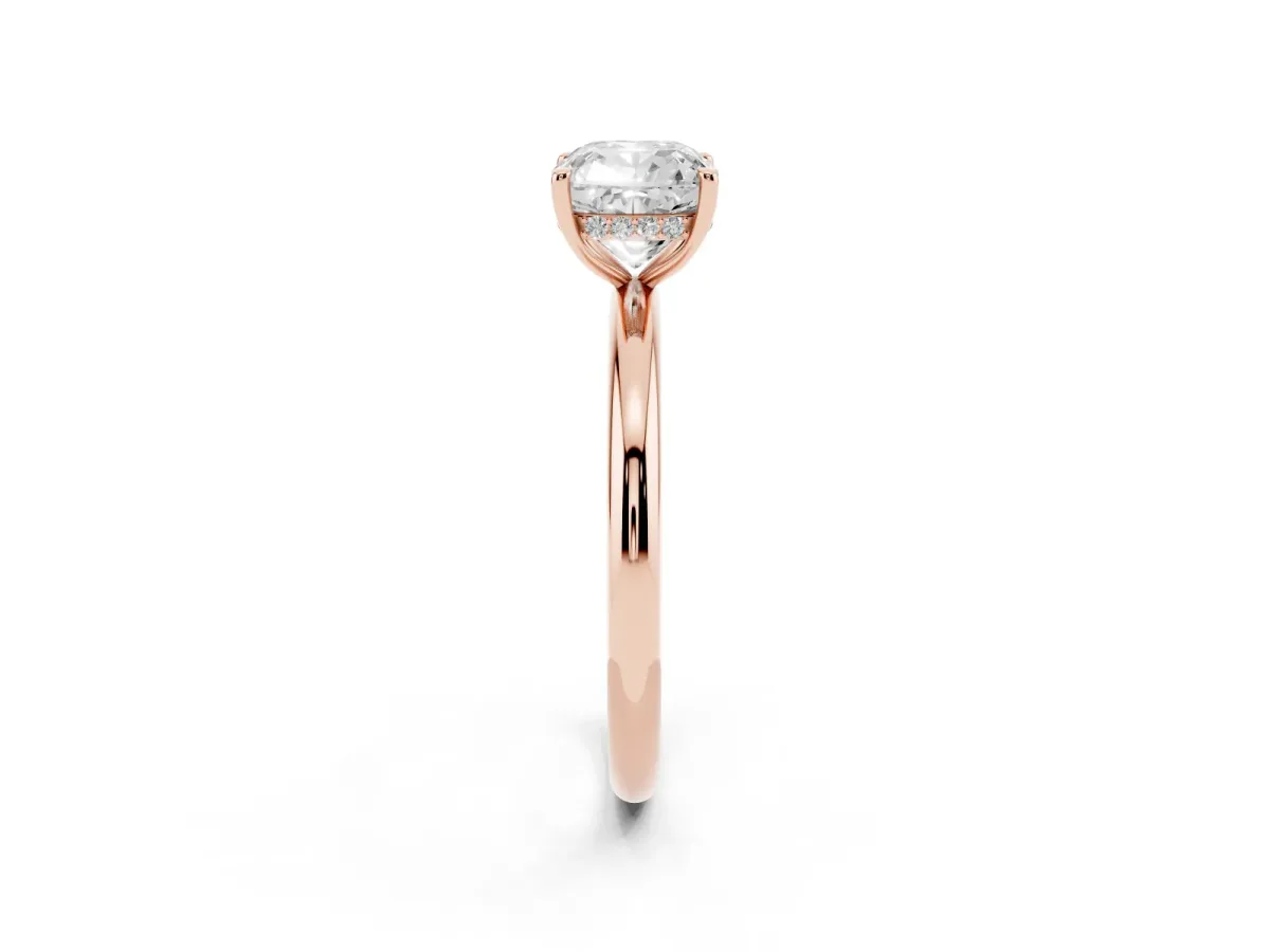 Cushion Cut Diamond Solitaire Ring with Thin Band and Four-Prong Setting Rose gold