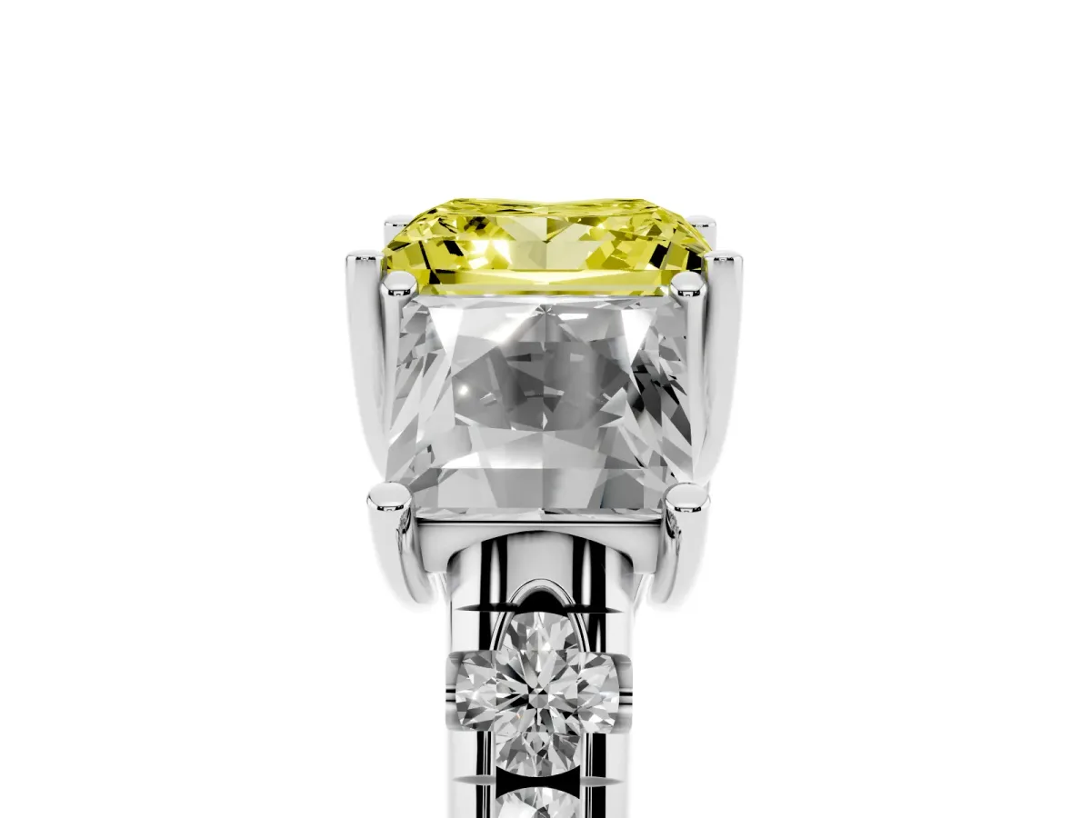 Fancy Yellow Three-Stone Princess Cut Diamond Pavé Band with Prong Setting Silver