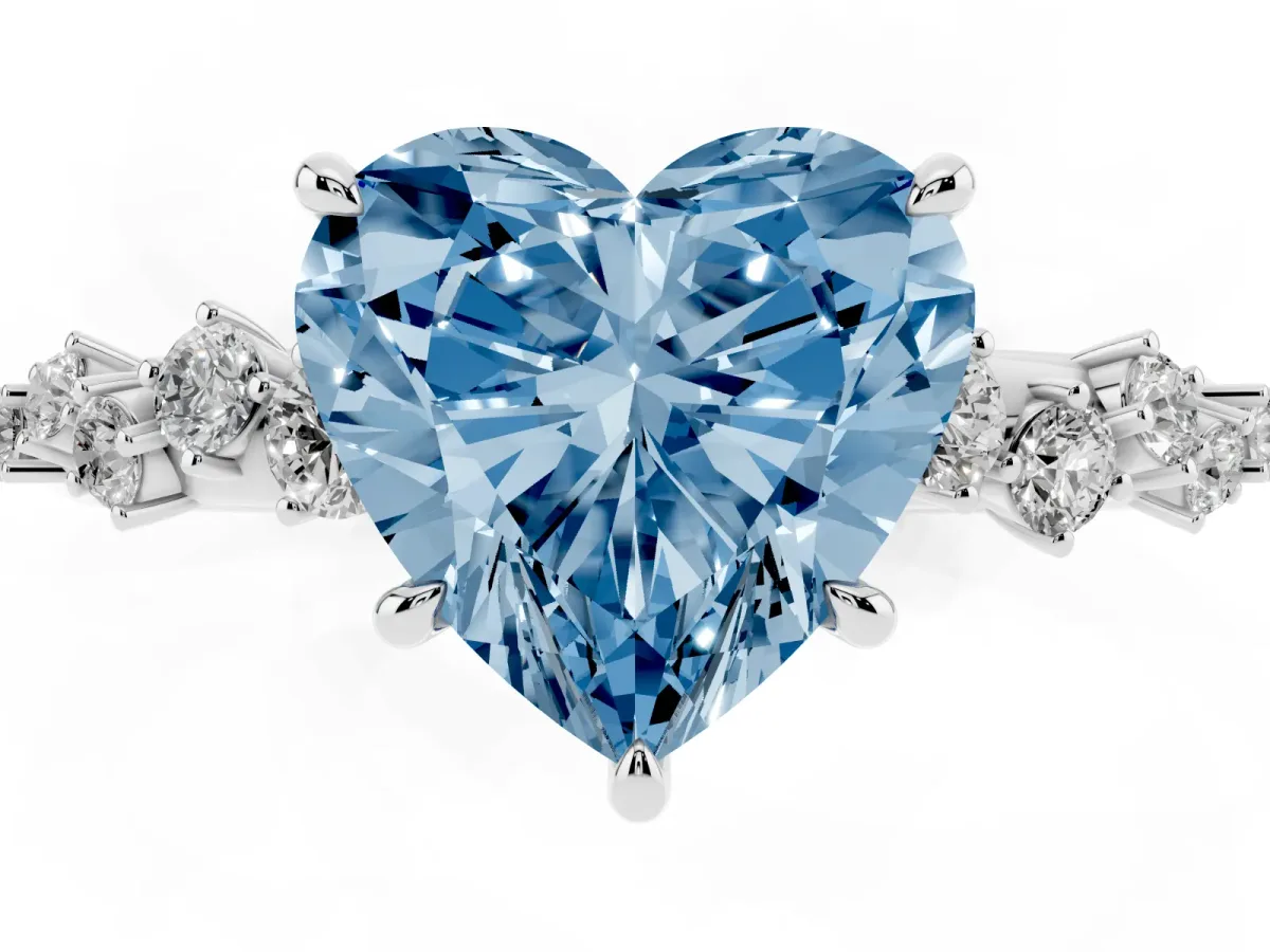 Fancy Blue Heart Cut Diamond Cluster Side Stone Solitaire Ring with Prong Setting Silver