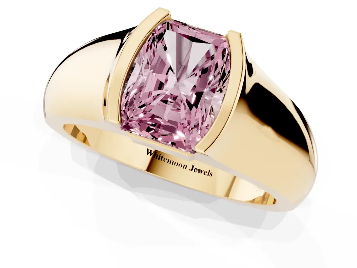 Fancy Pink Radiant Cut Solitaire Bezel Set Diamond Ring with Wide Band Yellow gold