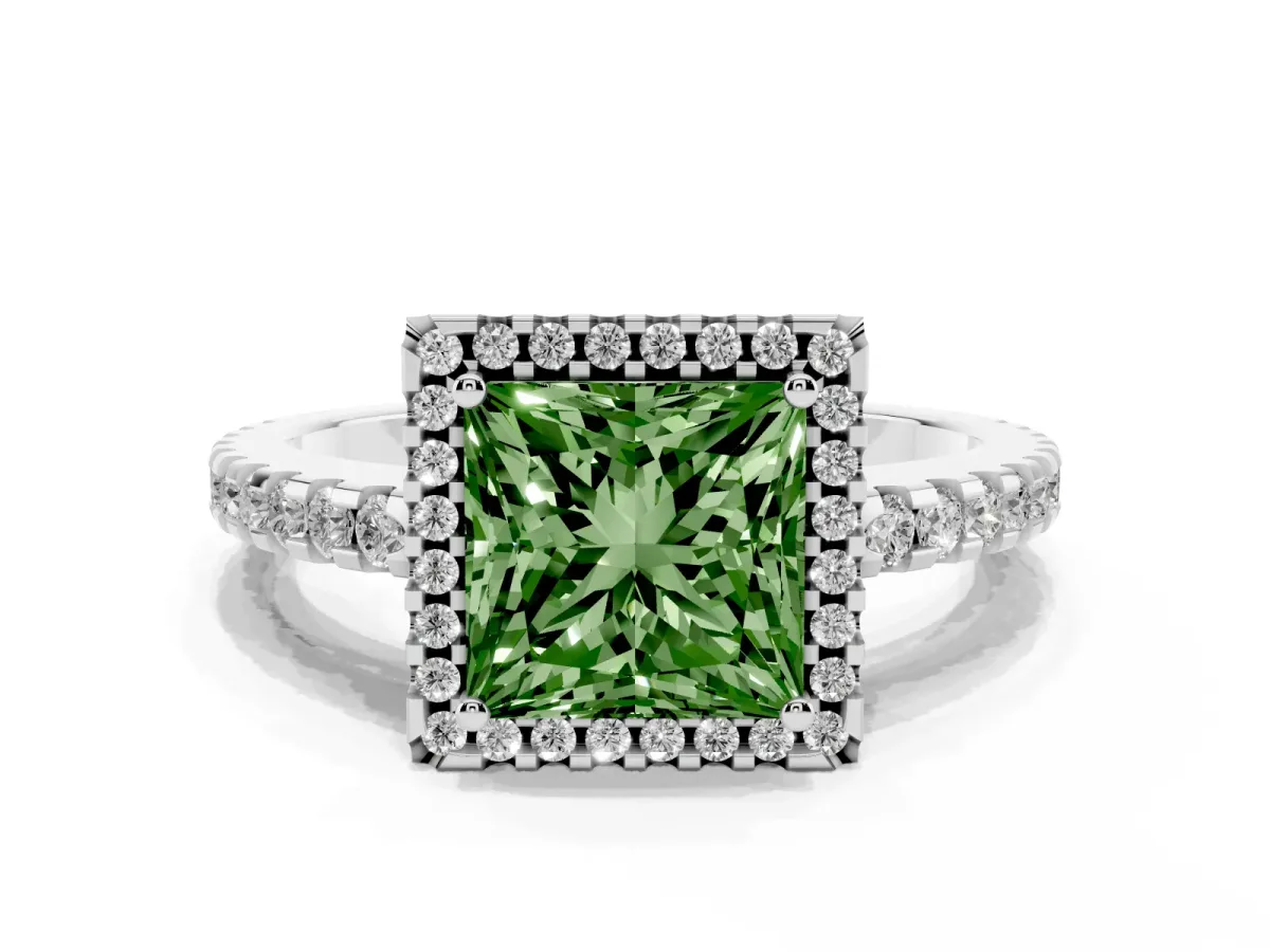 Fancy Green Princess Cut Diamond Halo Engagement Ring with Pavé Band and Prong Setting White gold