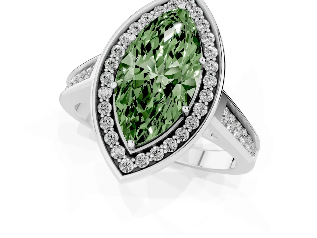 Fancy Green Marquise Cut Halo Solitaire Diamond Ring with Pave Band and Bezel Setting Silver