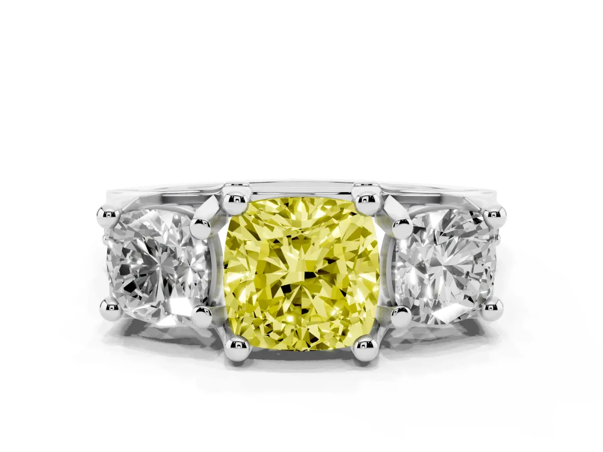 Fancy Yellow Cushion Cut Diamond Three-Stone Ring with Channel Set Band and Four-Prong Setting Silver