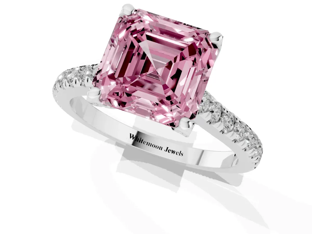 Fancy Pink Asscher Cut Brilliant Diamond Solitaire with Pavé Band and Four-Prong Setting Silver