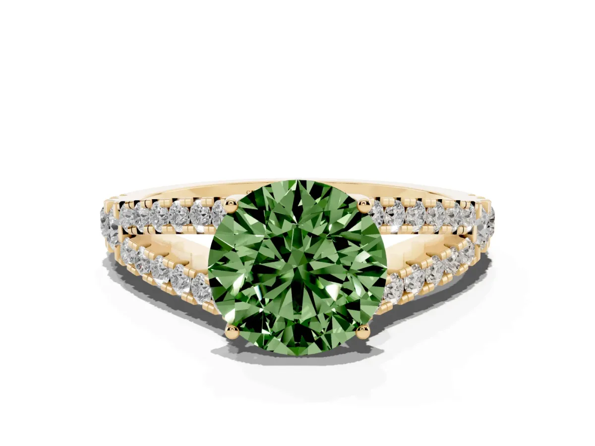 Fancy Green Round Cut Diamond Split Shank Engagement Ring with Round Pavé and Prong Setting Yellow gold