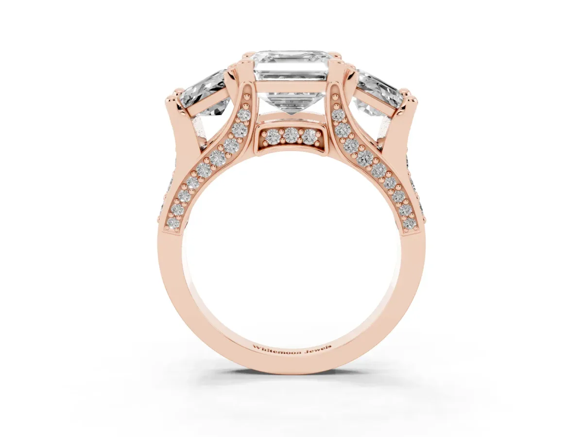 Asscher Cut Diamond Three-Stone Ring with Channel Set Band and Four-Prong Setting Rose gold