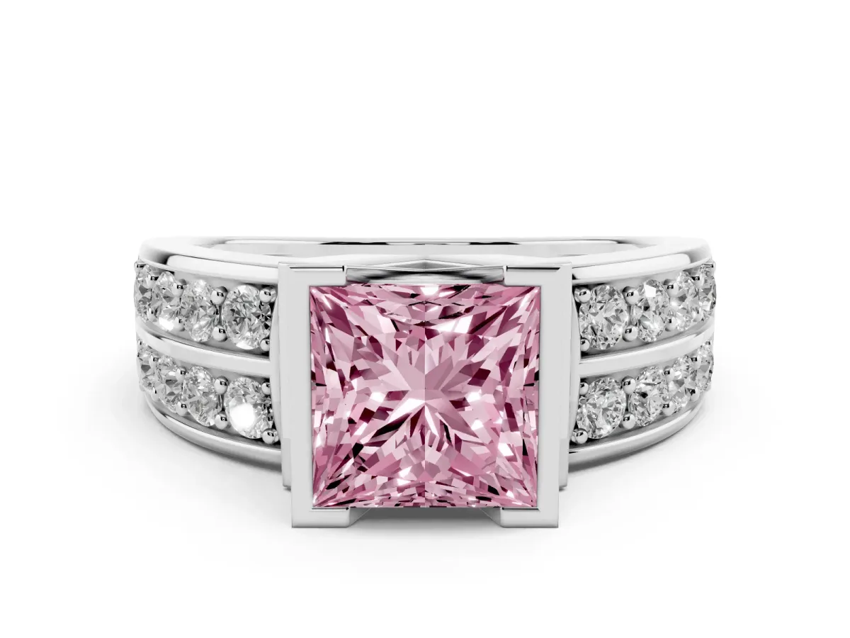 Fancy Pink Princess Cut Brilliant Diamond Channel Set Wide Band Ring with Bezel Setting Silver