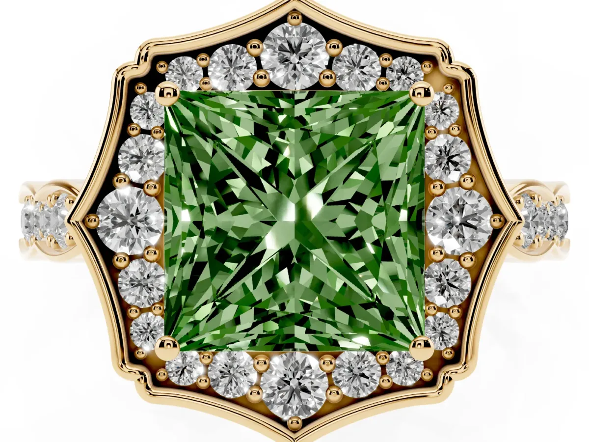 Fancy Green Princess Cut Halo Diamond Engagement Ring with Milgrain Band and Four-Prong Setting Yellow gold