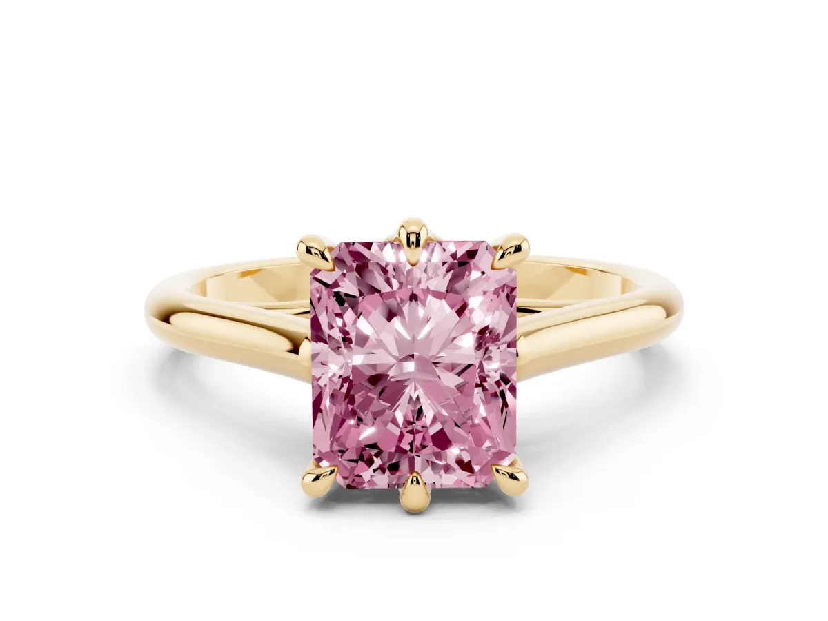 Fancy Pink Radiant Cut Solitaire Engagement Ring with Six-Prong Setting and Classic Band Yellow gold