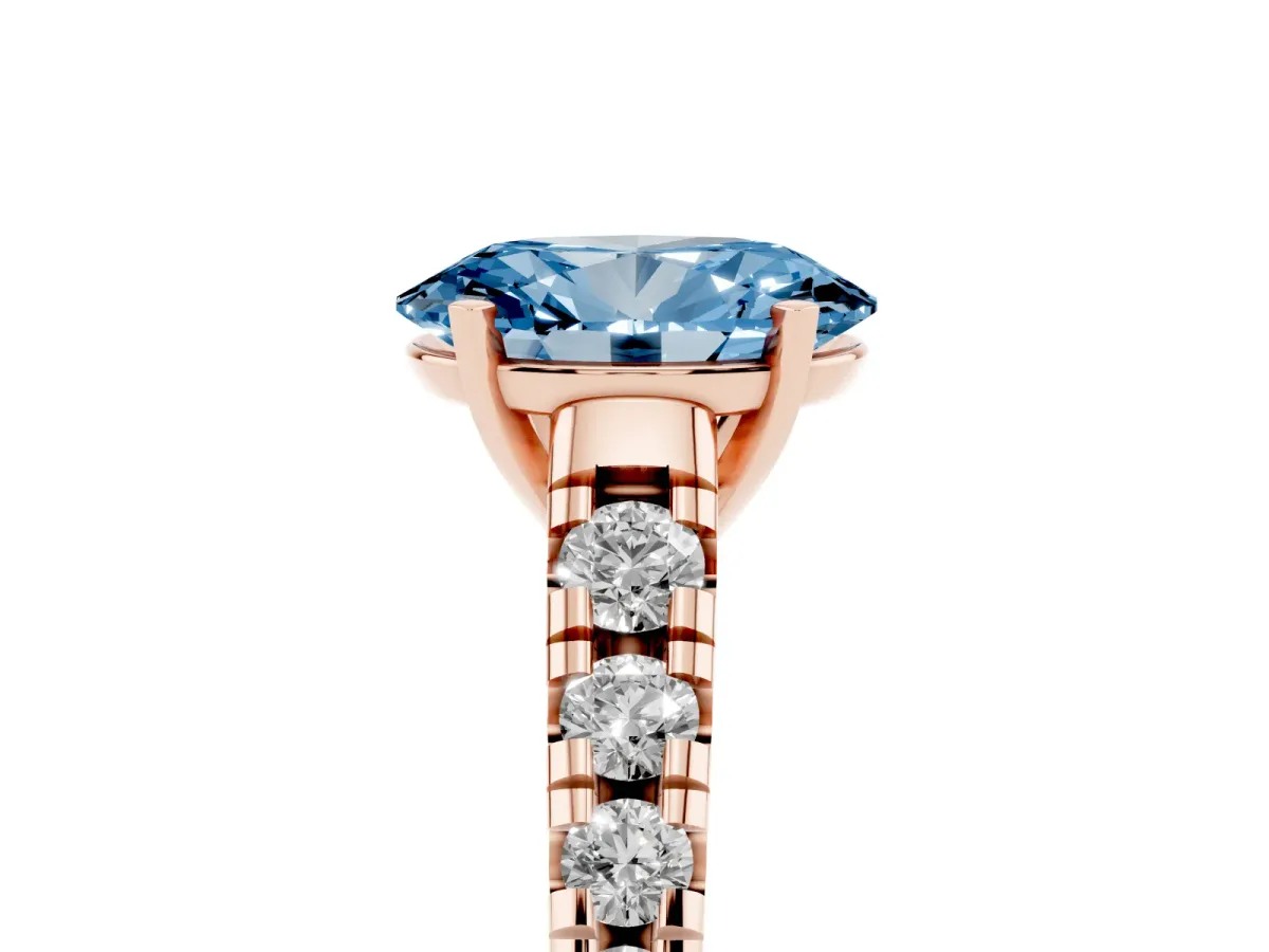 Fancy Blue Oval Cut Diamond Cathedral Solitaire Ring with Round Pavé Band Rose gold