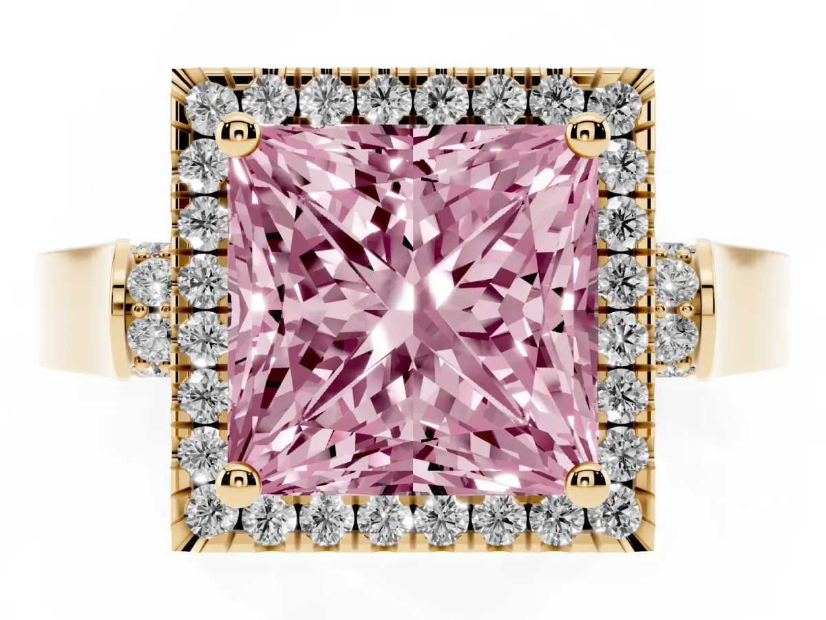Fancy Pink Princess Cut Halo Round Diamond Twist Band with Four-Prong Setting Yellow gold