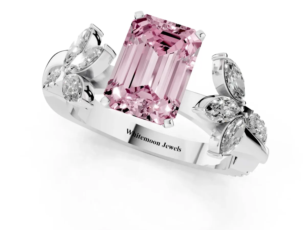 Fancy Pink Emerald Cut Diamond Floral Vine Solitaire Engagement Ring Silver