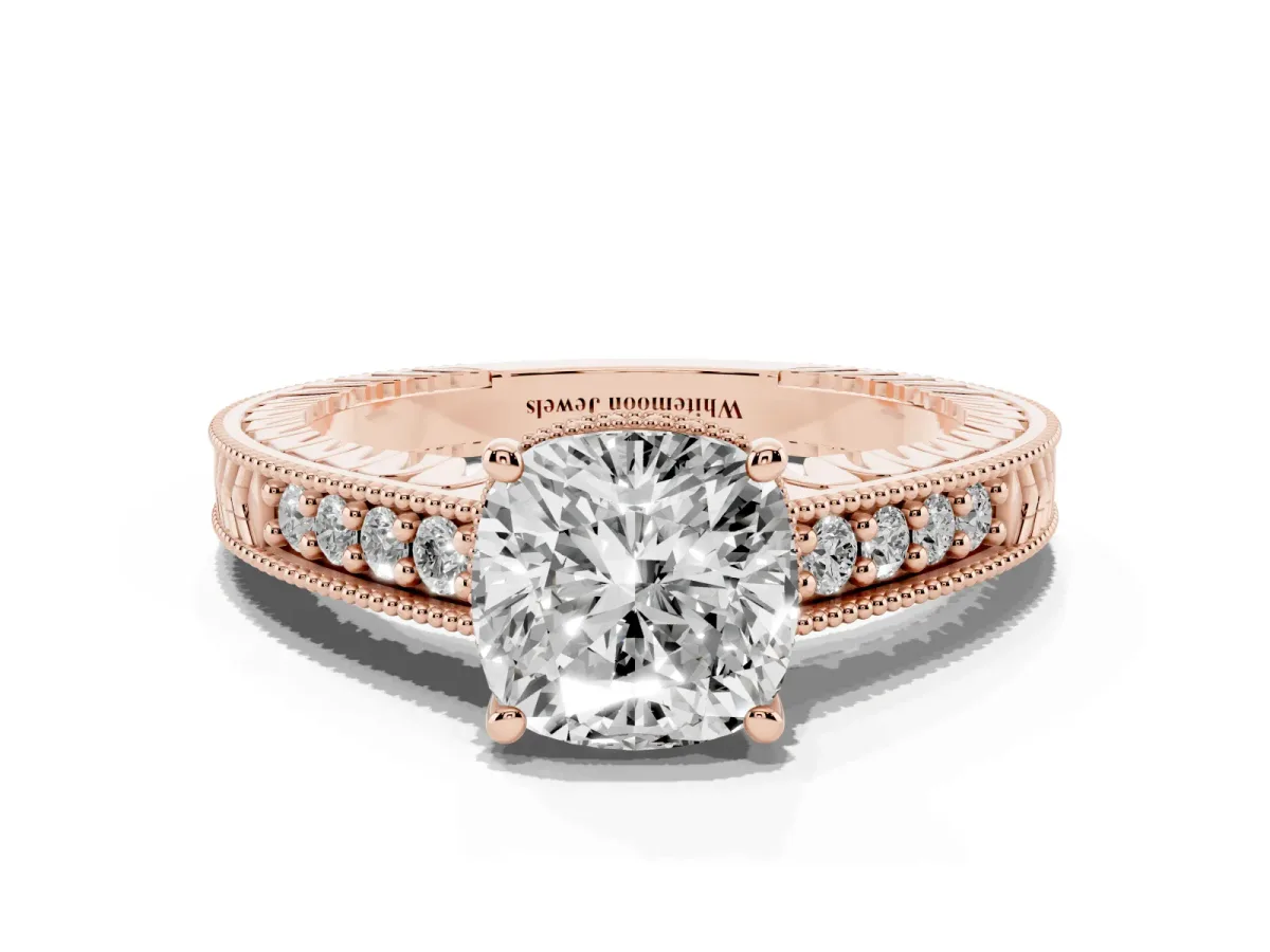 Cushion Cut Solitaire Pavé Diamond Milgrain Engagement Ring with Four-Prong Setting Rose gold