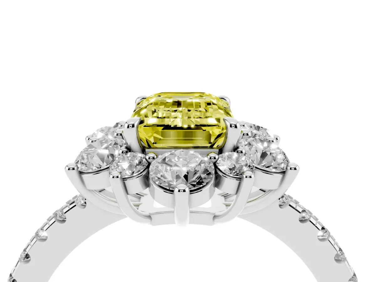 Fancy Yellow Emerald Cut Diamond Floral Halo Ring with Round Pavé Band and Prong Setting Silver