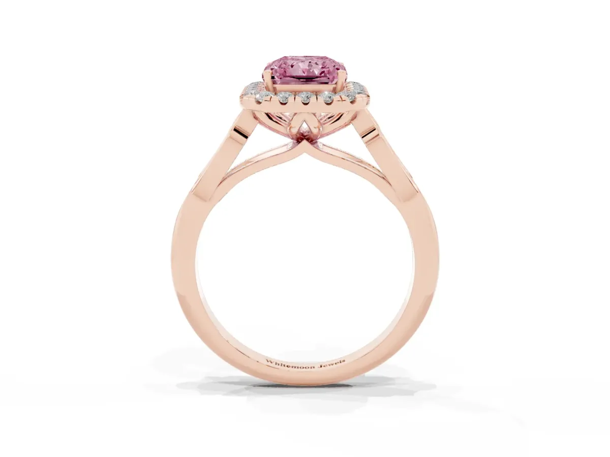 Fancy Pink Radiant Cut Halo Diamond Engagement Ring with Filigree Band and Four-Prong Setting Rose gold