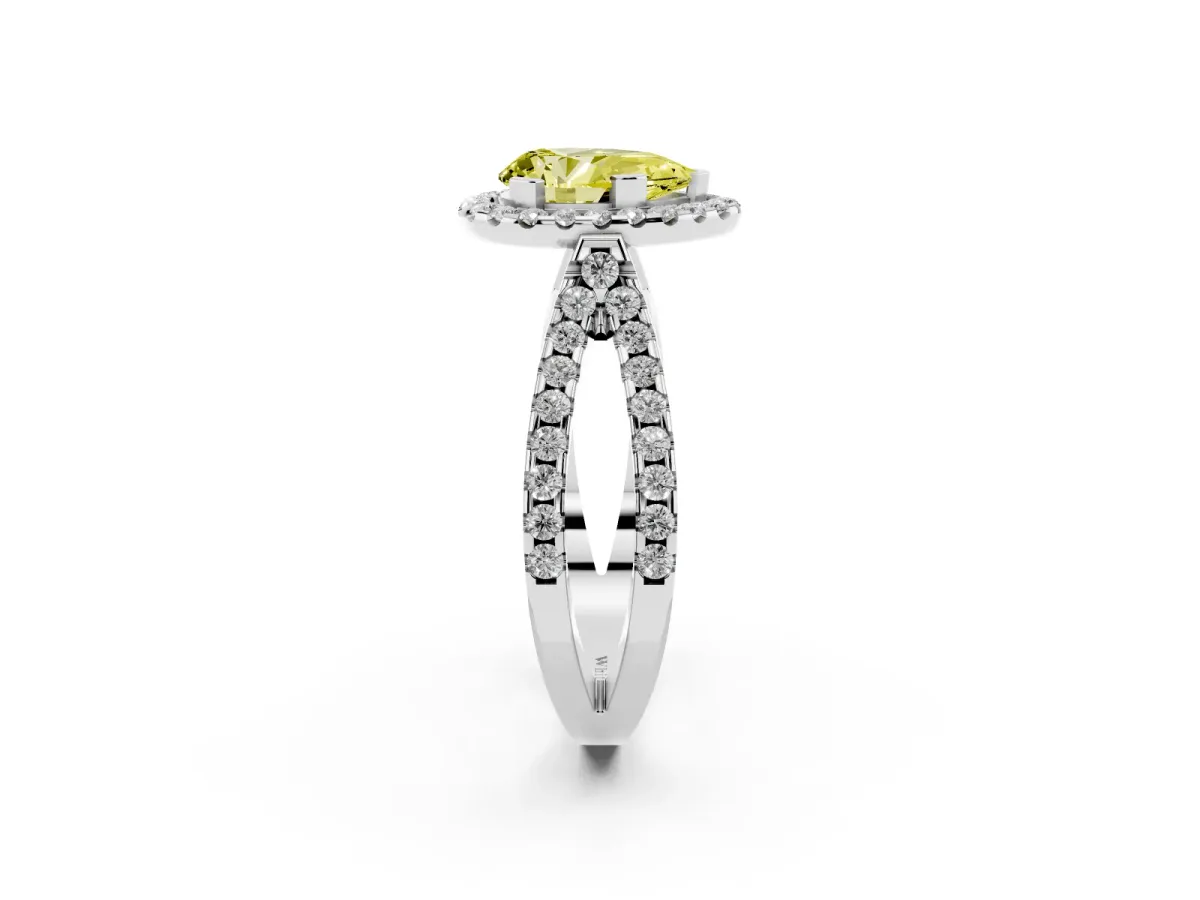 Fancy Yellow Pear Cut Diamond Halo Ring with Split Shank Pavé Band and Prong Setting Silver