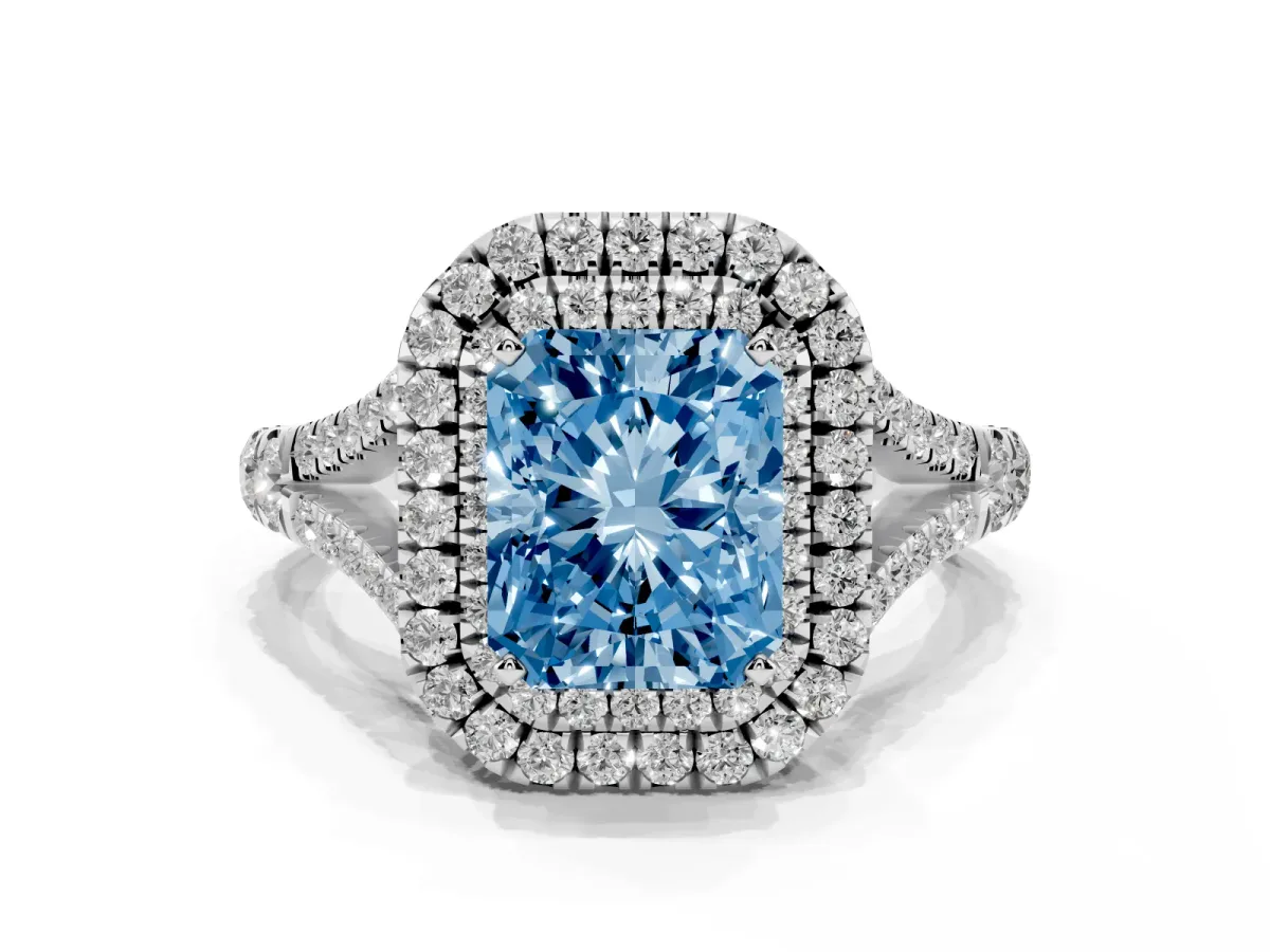 Fancy Blue Radiant Cut Diamond Double Halo Ring with Split Shank and Prong Setting Platinum