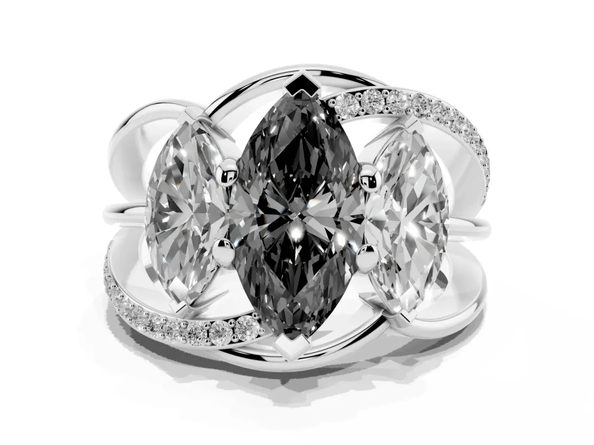 Fancy Black Three-Stone Marquise Cut Cut Diamond Split Shank Prong Set Ring Platinum