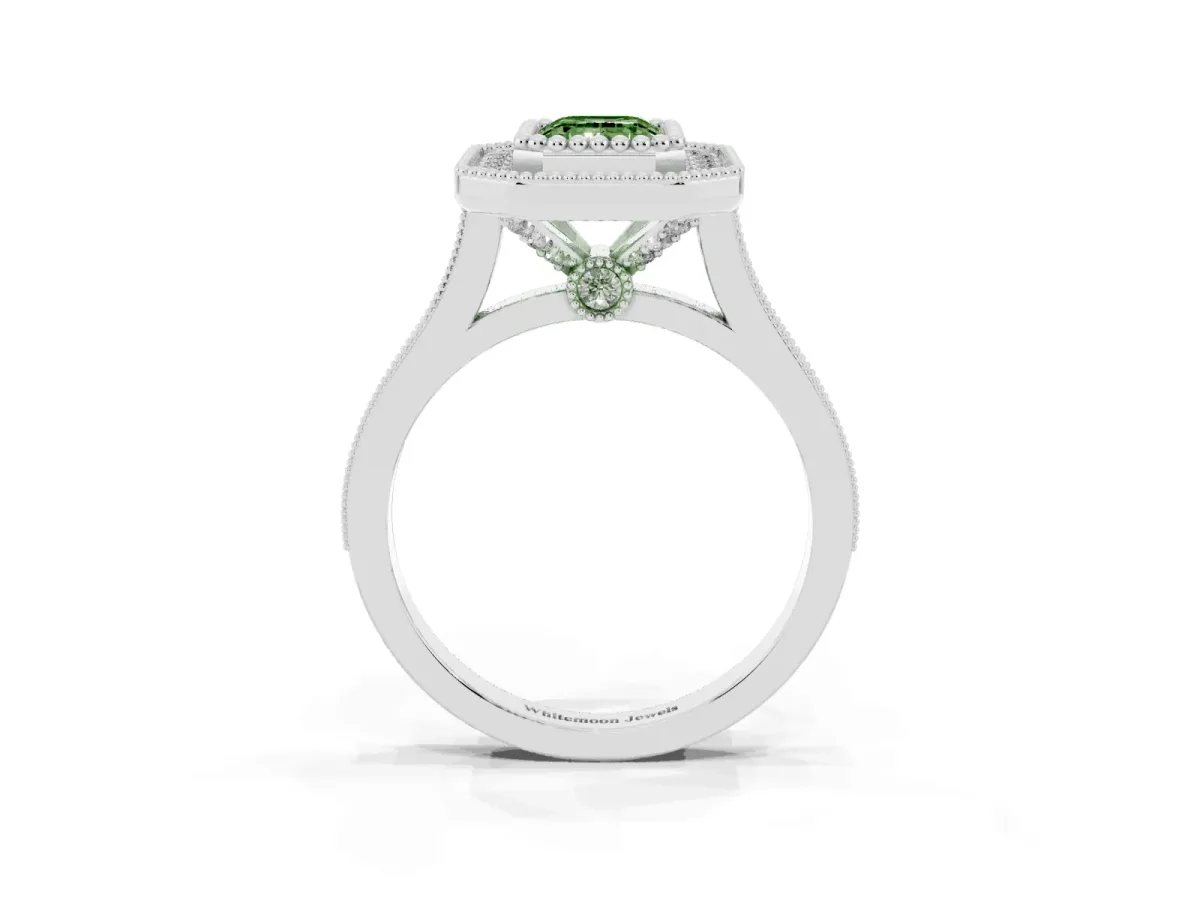 Fancy Green Emerald Cut Diamond Halo Ring with Milgrain Frame and Pavé Band Silver