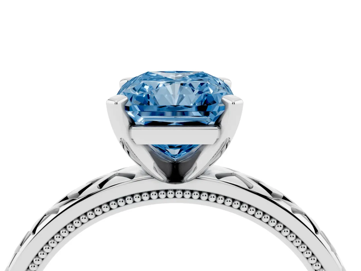Fancy Blue Radiant Cut Solitaire Diamond Ring with Milgrain and Black Enamel X Pattern Band Silver