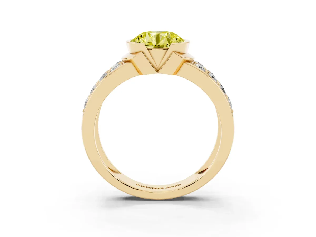 Fancy Yellow Round Cut Brilliant Diamond Channel Set Wide Band Ring with Bezel Setting Yellow gold