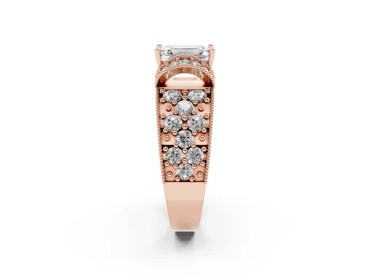 Emerald Cut Halo Pave Diamond Engagement Ring with Milgrain Detailing Rose gold