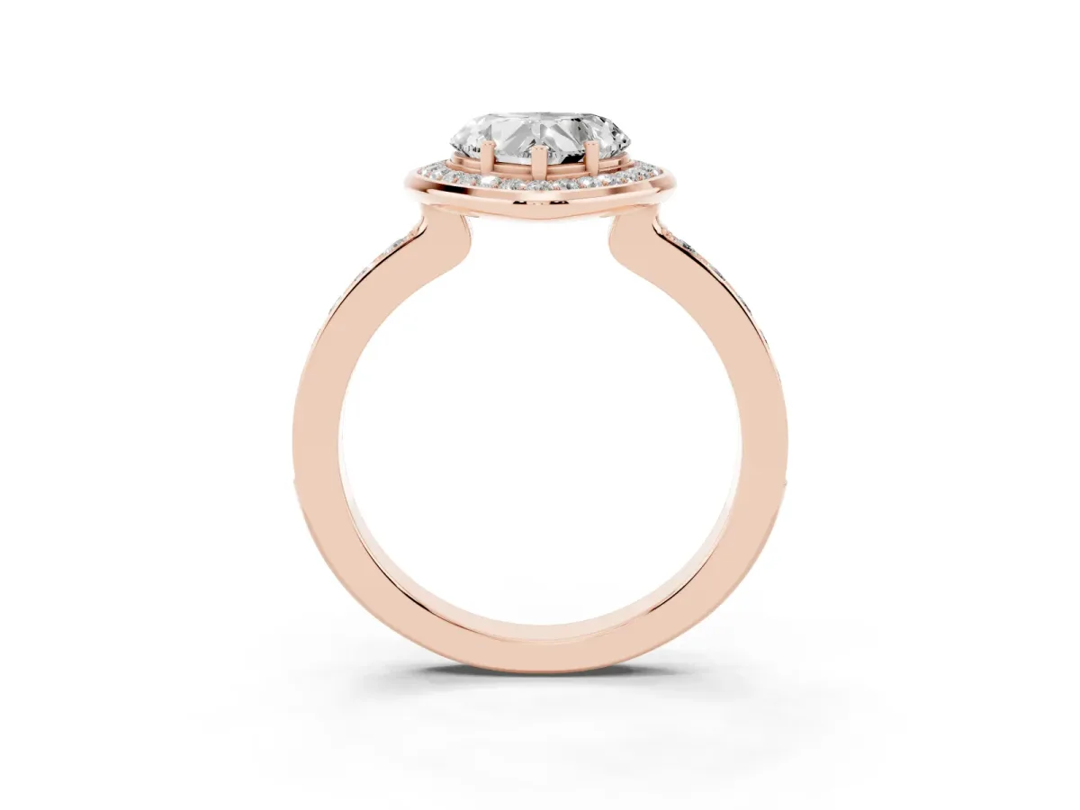 Heart Cut Diamond Halo Ring with Bezel Frame and Pavé Band Rose gold