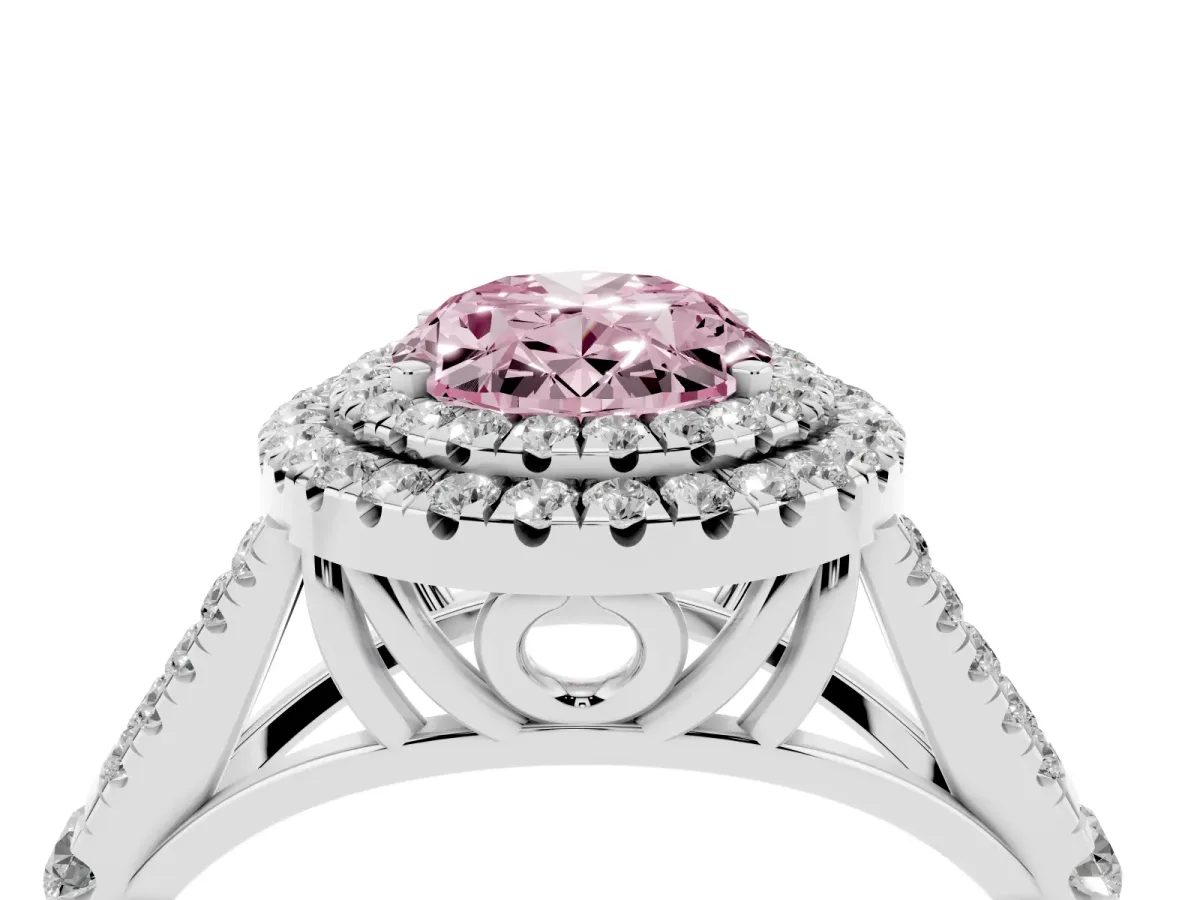 Fancy Pink Oval Cut Diamond Pavé Split Shank Double Halo Engagement Ring Silver