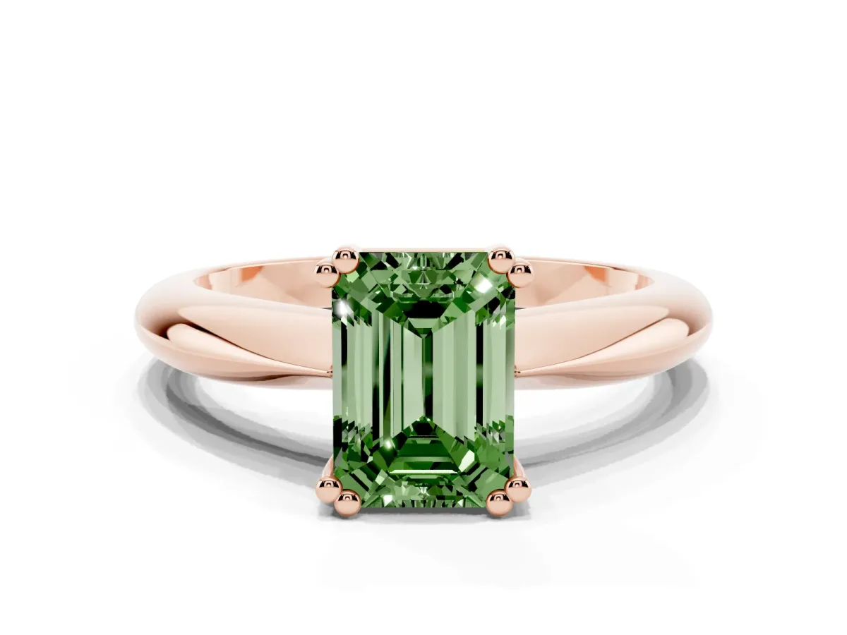 Fancy Green Emerald Cut Cut Solitaire Engagement Ring with Tapered Band and Four-Prong Setting Rose gold