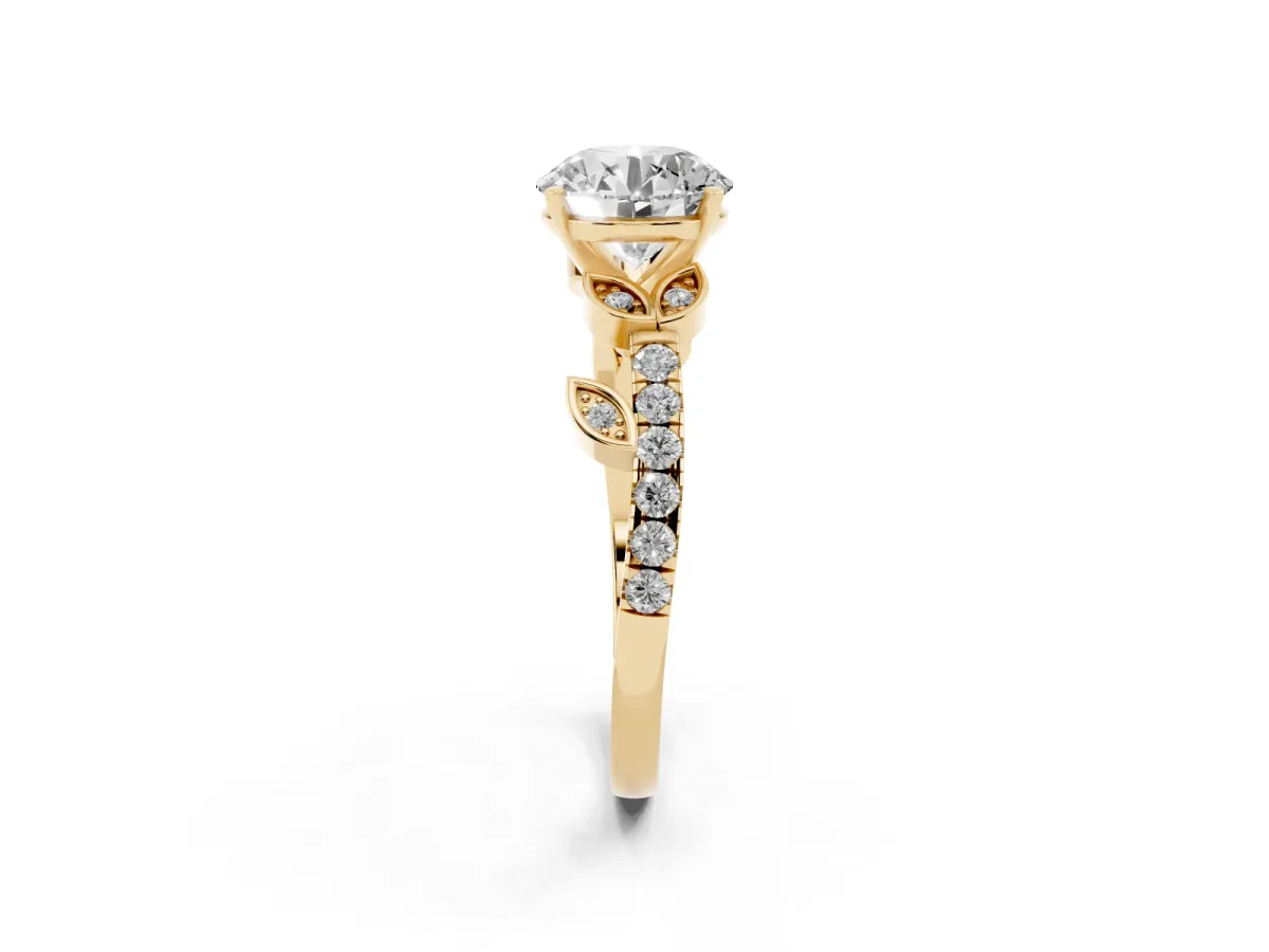 Round Cut Solitaire Leaf-Inspired Diamond Ring with Pavé Band and Four-Prong Setting Yellow gold