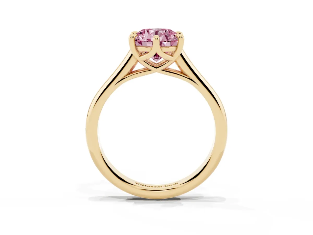 Fancy Pink Round Cut Solitaire Engagement Ring with Six-Prong Setting and Classic Band Yellow gold